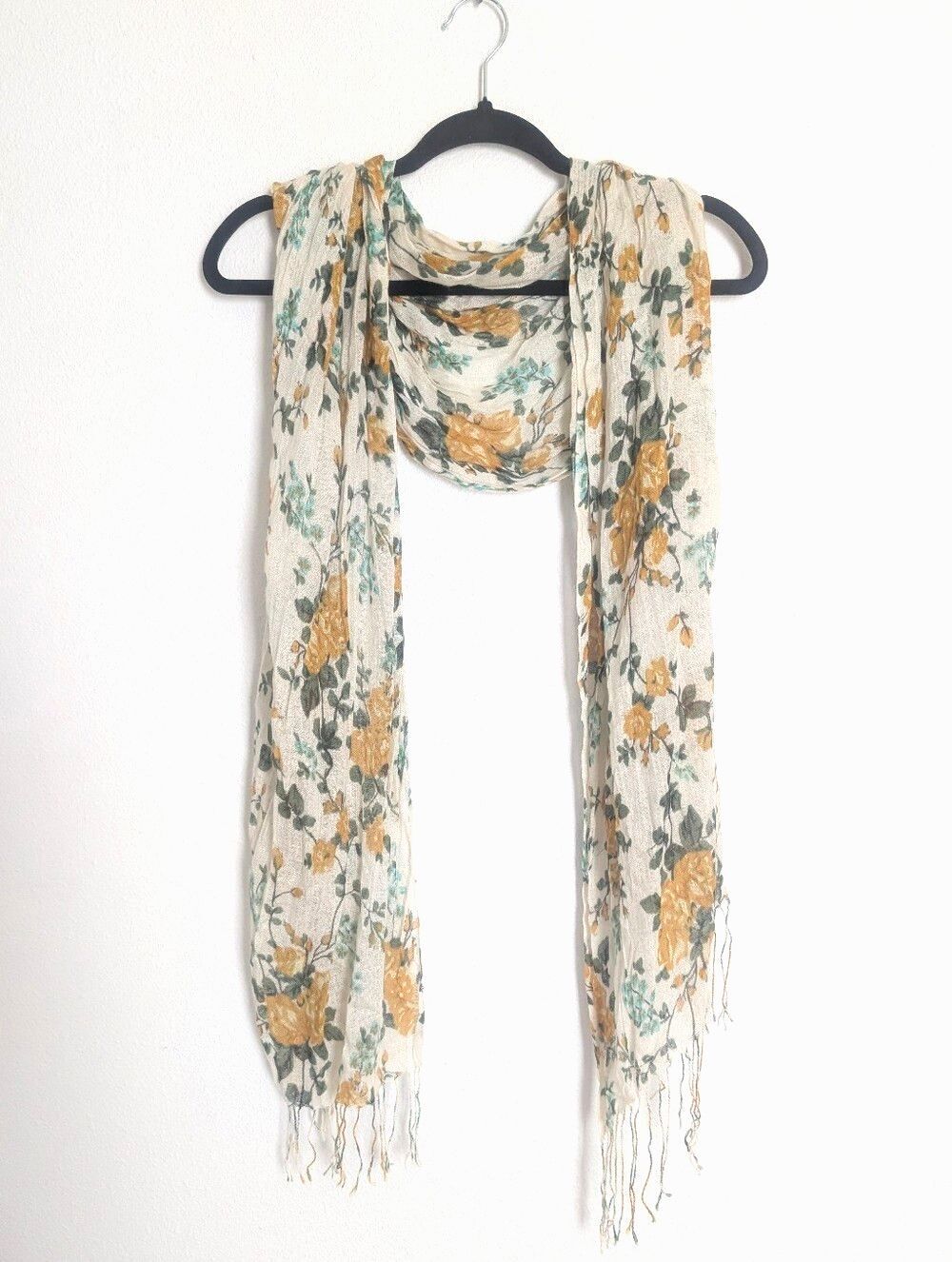 Floral Gauzy Viscose Scarf | Lightweight Boho Tassel Fringe | Cottagecore